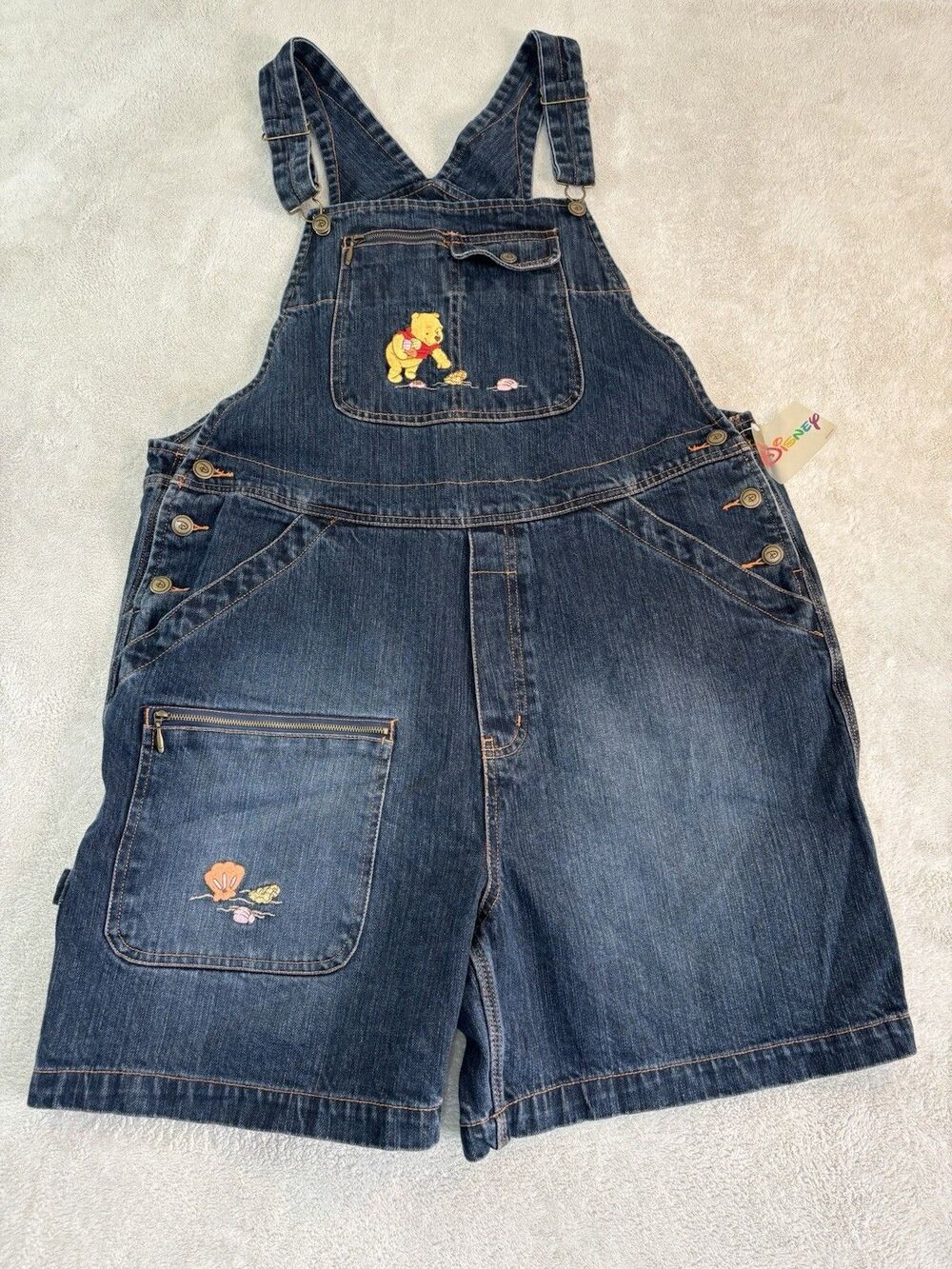 Disney Navy Denim Women's Short Overalls with Winnie the Pooh Embroidery